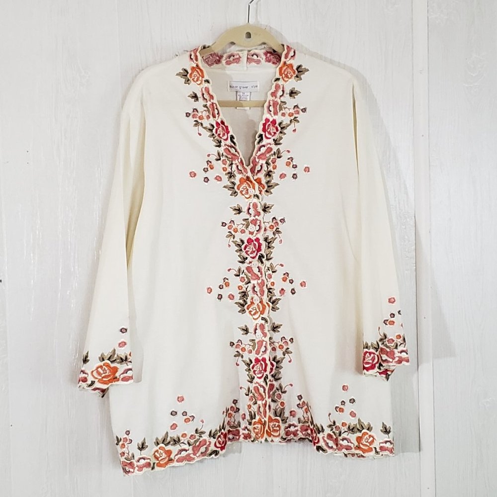 Susan Graver Linen Blend Embroidered Jacket  3X  Cream